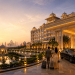 Luxury hotels in Delhi, Agra and Jaipur featuring a Taj Mahal view, royal palace architecture, premium resort entrance, and luxury car for Golden Triangle travel 2026–27.