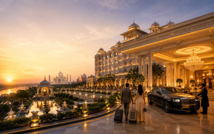Luxury hotels in Delhi, Agra and Jaipur featuring a Taj Mahal view, royal palace architecture, premium resort entrance, and luxury car for Golden Triangle travel 2026–27.