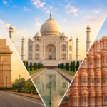 Golden Triangle Tour Cost & Price Guide 2026–27 featuring India Gate, Taj Mahal, and Hawa Mahal in Delhi, Agra, and Jaipur.