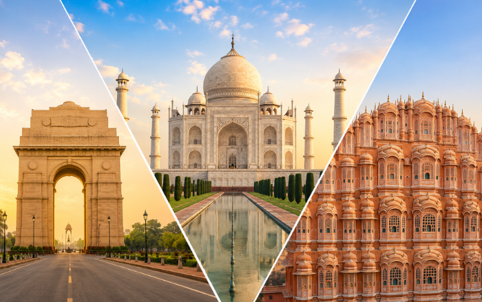 Golden Triangle Tour Cost & Price Guide 2026–27 featuring India Gate, Taj Mahal, and Hawa Mahal in Delhi, Agra, and Jaipur.