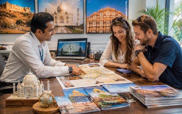 Golden Triangle Tour Package with a private car, professional driver, and travelers visiting Delhi, Agra, and Jaipur landmarks.