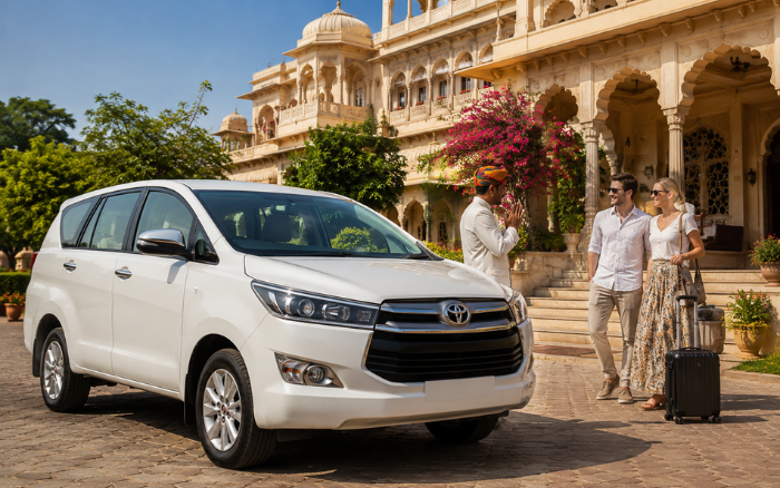 Private car service for a Golden Triangle Tour Package with travelers arriving at a heritage hotel in Jaipur during the Golden Triangle Tour 2026–27.