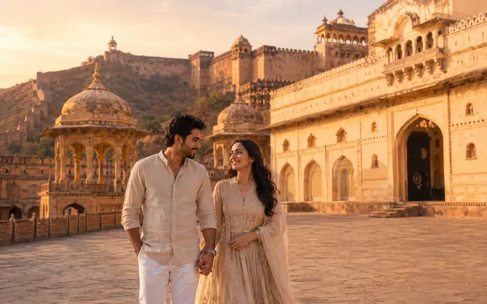 Couple exploring Amber Fort in Jaipur during a Golden Triangle honeymoon