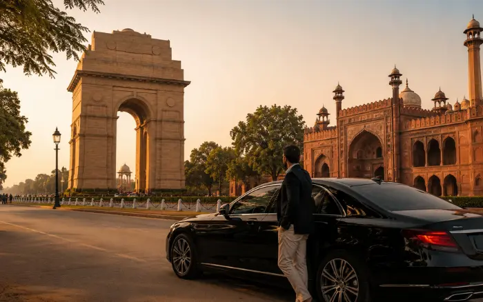 Luxury car near India Gate and Red Fort during a Golden Triangle tour in Delhi