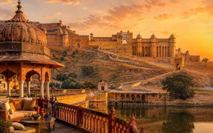 Amber Fort Jaipur at sunset during a Golden Triangle tour in India