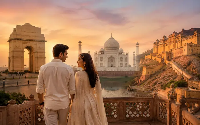 Couple enjoying a Golden Triangle tour across Delhi, Agra and Jaipur