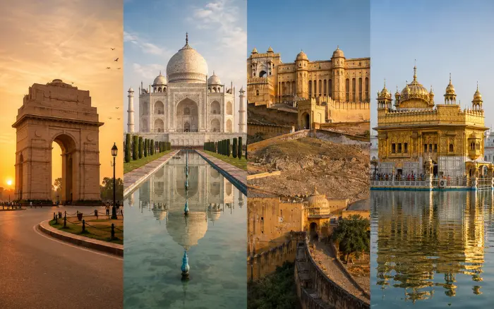 Delhi India Gate, Agra Taj Mahal, Jaipur Amber Fort and Amritsar Golden Temple