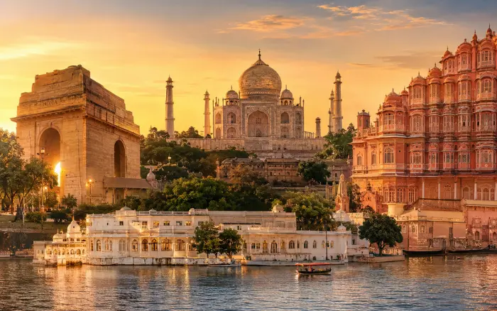 Golden Triangle Tour with Udaipur Package featuring Taj Mahal, Jaipur architecture and Udaipur lake scenery