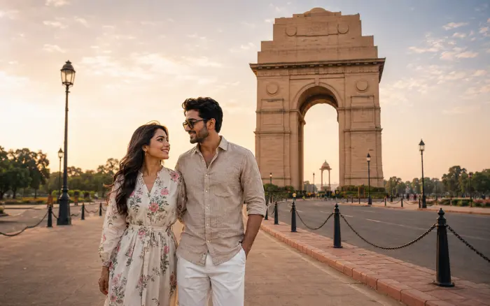 Couple visiting India Gate in Delhi during a Golden Triangle tour