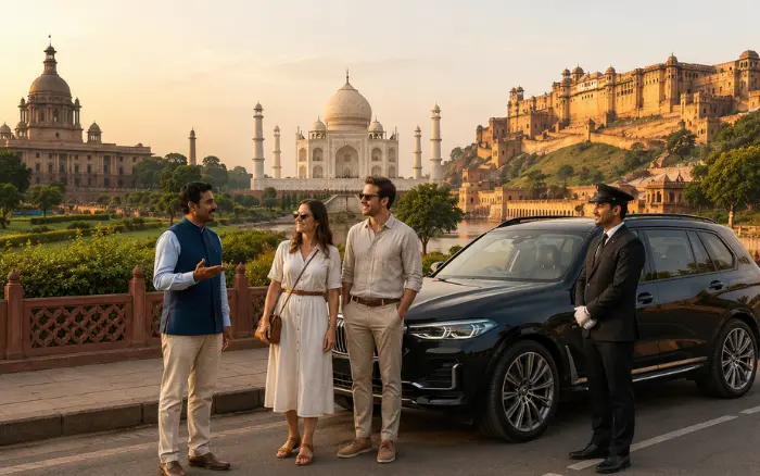 Luxury Golden Triangle tour with private guide, chauffeur and luxury car near the Taj Mahal