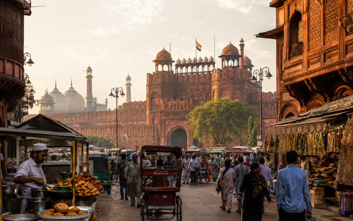 Red Fort and Chandni Chowk streets in Old Delhi