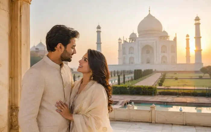 Couple enjoying a Taj Mahal view during a Golden Triangle honeymoon